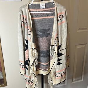 Pink Rose Women's Tribal Fringe Cardigan - Cream and Pink